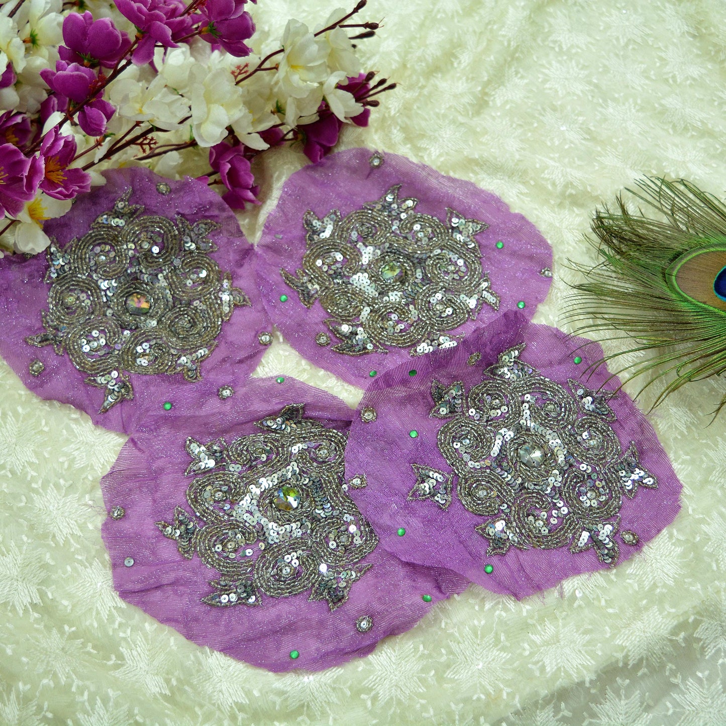 Indian Vintage 4 Pcs Rare Appliques Purple Georgette Applique VERY OLD ANTIQUE Vintage Embroidered Snippets Remnants Craft Journals