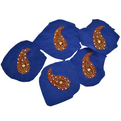 Indian Vintage 5 Pcs Rare Appliques Blue Pure Crepe silk Applique VERY OLD ANTIQUE Vintage Embroidered Snippets Remnants Craft Journals