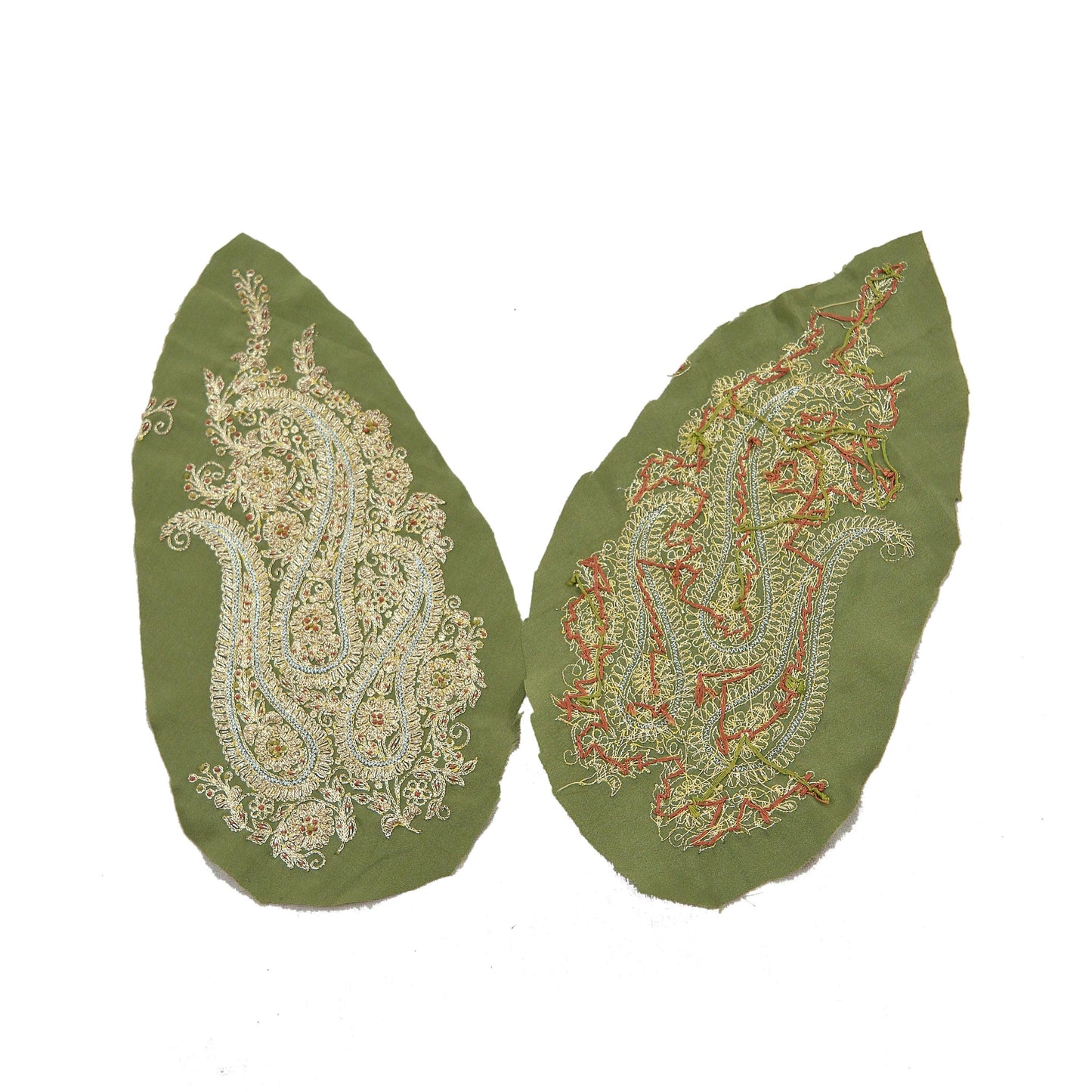 Indian Vintage 2 Pcs Rare Appliques Green Pure Crepe silk Applique VERY OLD ANTIQUE Vintage Embroidered Snippets Remnants Craft Journals