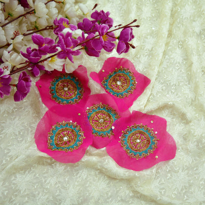 Indian Vintage 5 Pcs Rare Appliques Pink Georgette Applique VERY OLD ANTIQUE Vintage Embroidered Snippets Remnants Craft Journals