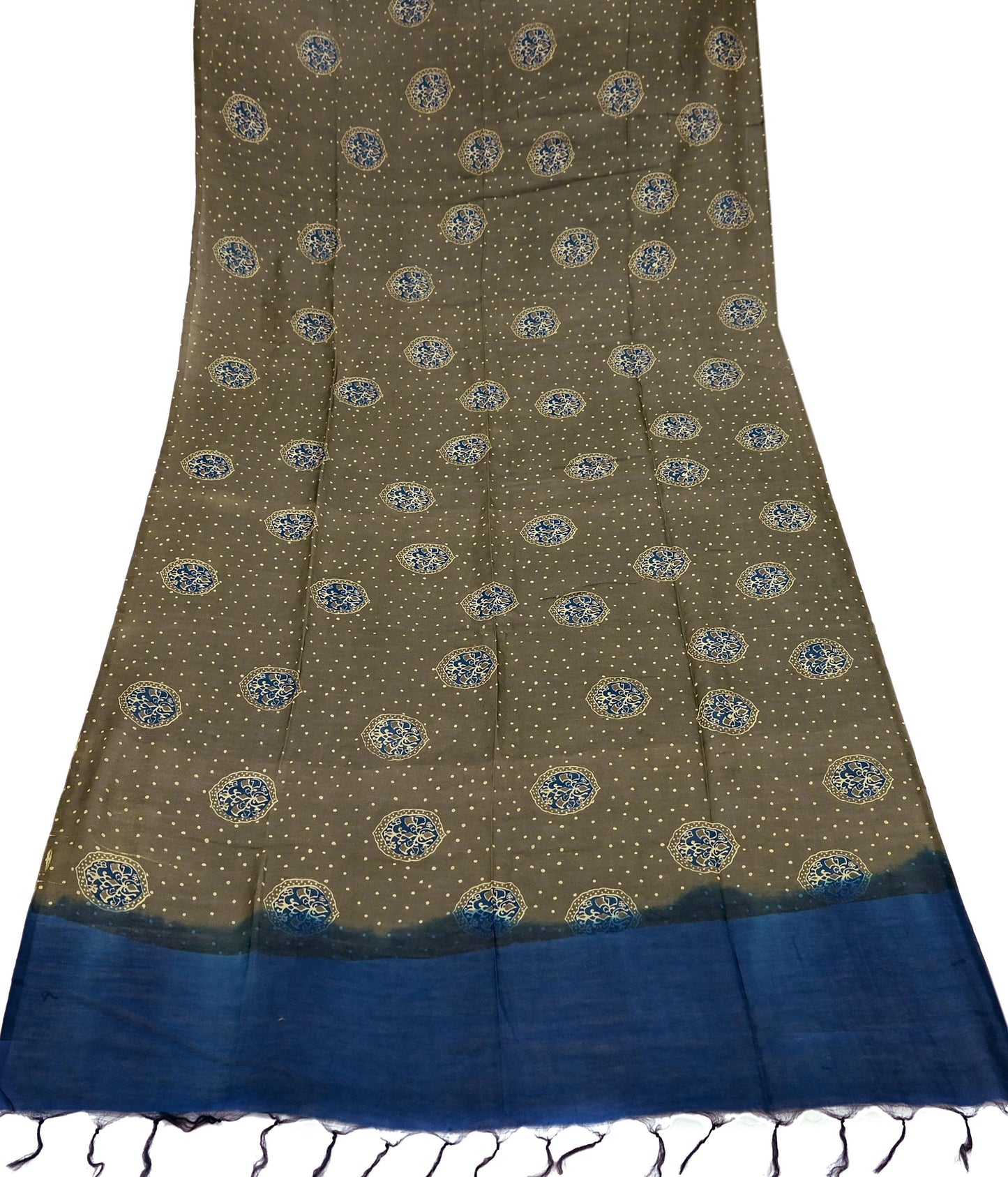 Indian Vintage Dupatta Green & Blue Dupatta Long Stole Block Print Pure Chanderi Silk Indian Scarves Veil Golden Zari