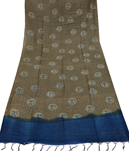 Indian Vintage Dupatta Green & Blue Dupatta Long Stole Block Print Pure Chanderi Silk Indian Scarves Veil Golden Zari