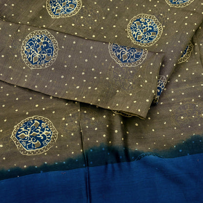 Indian Vintage Dupatta Green & Blue Dupatta Long Stole Block Print Pure Chanderi Silk Indian Scarves Veil Golden Zari
