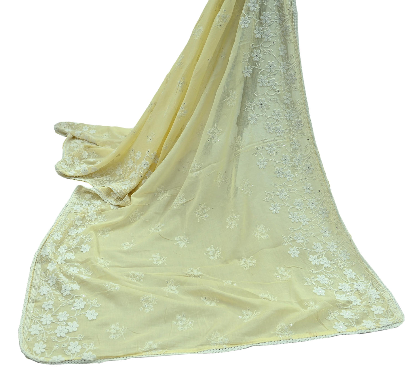 Indian Vintage Yellow Dupatta Long Stole Embroidered Pure Cotton Scarves Veil Sequins Soft
