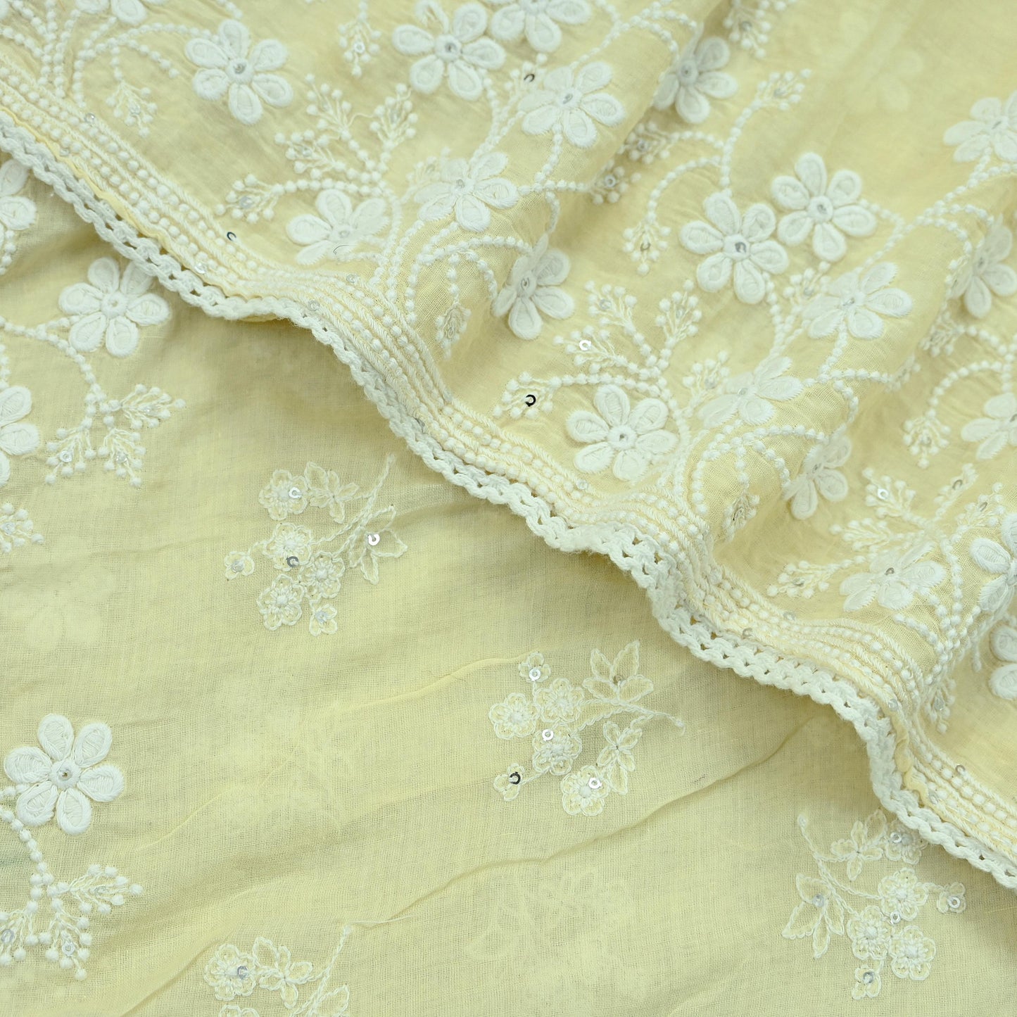 Indian Vintage Yellow Dupatta Long Stole Embroidered Pure Cotton Scarves Veil Sequins Soft