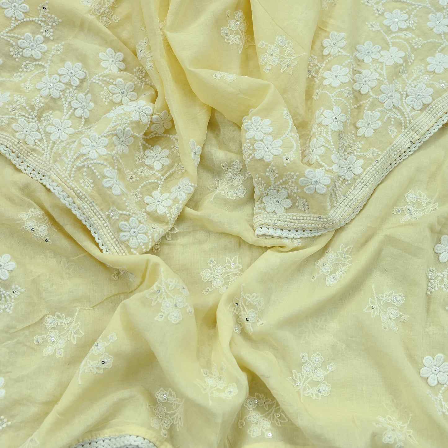 Indian Vintage Yellow Dupatta Long Stole Embroidered Pure Cotton Scarves Veil Sequins Soft