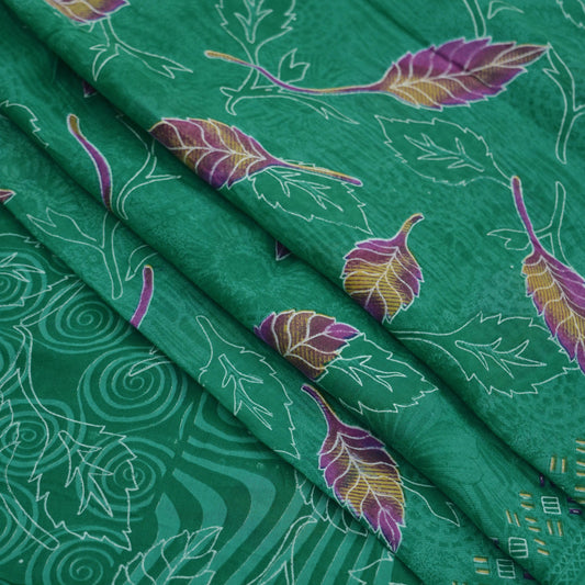 Indian Vintage Green Saree Printed Pure Cotton Sari Craft Fabric Soft 5Yd Sewing Sarong Wrap Boho Floral Dress making Crafting Quilting