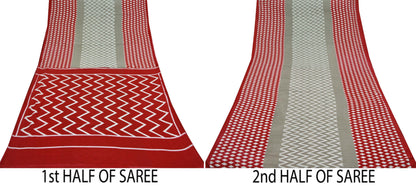 Indian Vintage Sari Red & Gray Printed Pure Cotton Sarees Craft Fabric Soft 5Yd Sewing Sarong Wrap Boho Quilting Crafting Dress making