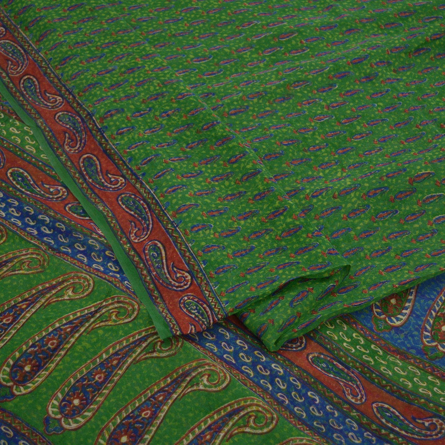 Indian Vintage Sari Green Pure Georgette Silk Block Printed Sarees Craft Fabric Sewing 6Yd Soft Sari Dress Making Crafting Quilting Upcycle