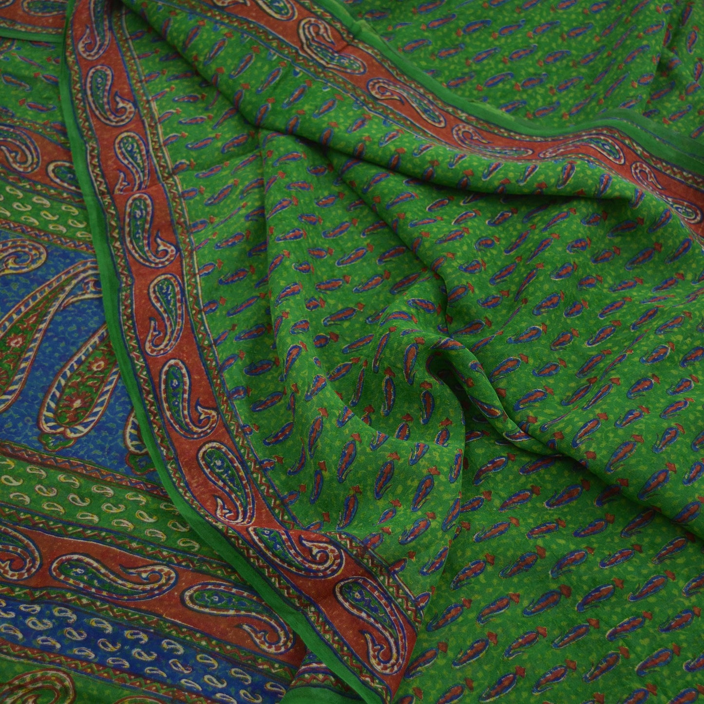 Indian Vintage Sari Green Pure Georgette Silk Block Printed Sarees Craft Fabric Sewing 6Yd Soft Sari Dress Making Crafting Quilting Upcycle