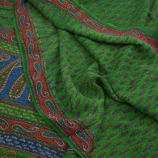 Indian Vintage Sari Green Pure Georgette Silk Block Printed Sarees Craft Fabric Sewing 6Yd Soft Sari Dress Making Crafting Quilting Upcycle