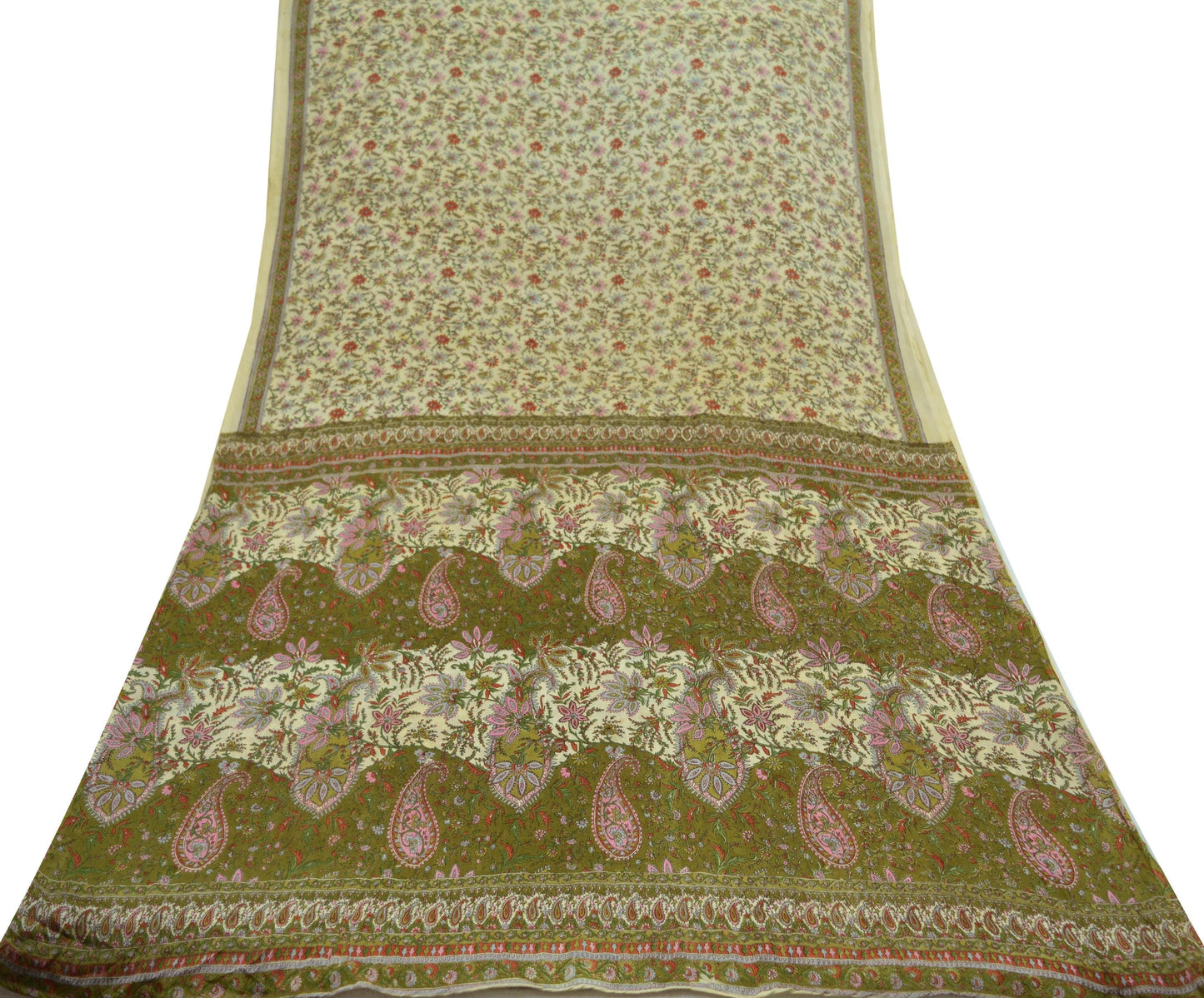 Indian Vintage Ivory & Green Saree Pure Silk Printed Sari 6yd Sewing Craft Fabric Dress Making Soft Crafting Quilting Quilting Upcycle