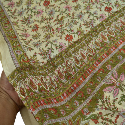 Indian Vintage Ivory & Green Saree Pure Silk Printed Sari 6yd Sewing Craft Fabric Dress Making Soft Crafting Quilting Quilting Upcycle