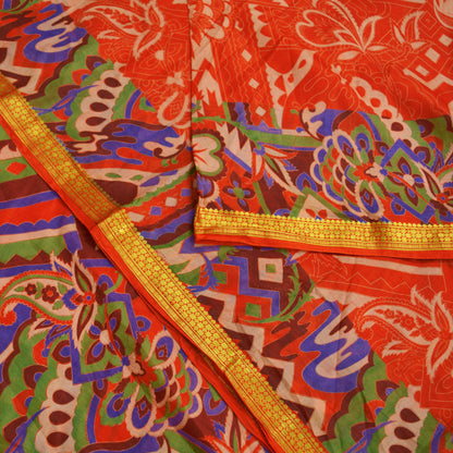 Indian Vintage Sari Orange 100% Pure Silk Printed Sarees 6yd Sewing Craft Fabric Zari Dress Making Soft Wrap Quilting Used Crafting Upcycle