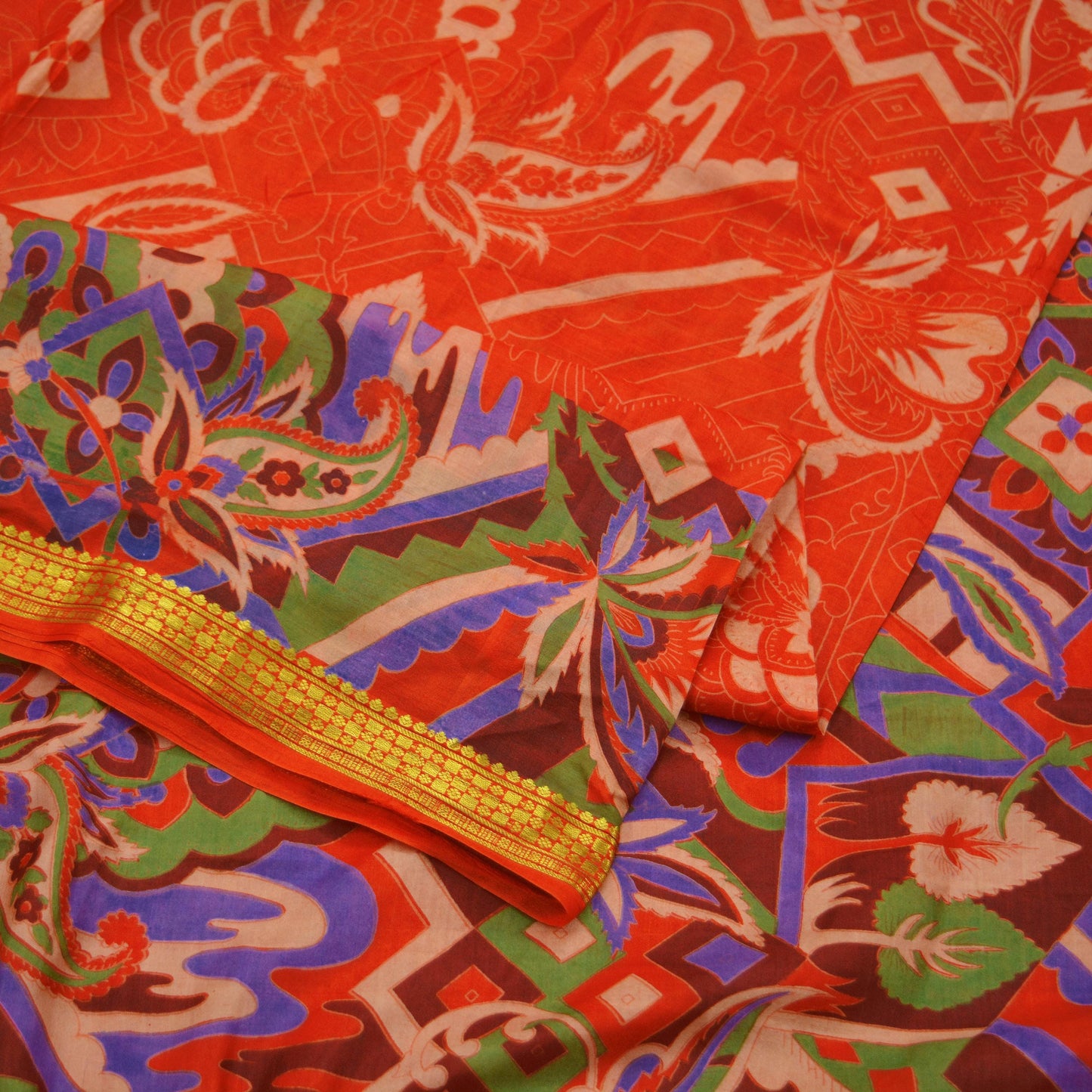 Indian Vintage Sari Orange 100% Pure Silk Printed Sarees 6yd Sewing Craft Fabric Zari Dress Making Soft Wrap Quilting Used Crafting Upcycle