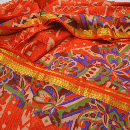 Indian Vintage Sari Orange 100% Pure Silk Printed Sarees 6yd Sewing Craft Fabric Zari Dress Making Soft Wrap Quilting Used Crafting Upcycle