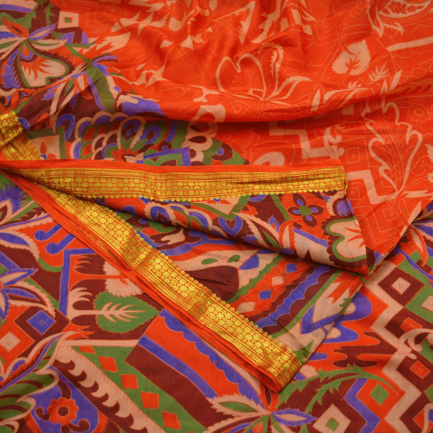 Indian Vintage Sari Orange 100% Pure Silk Printed Sarees 6yd Sewing Craft Fabric Zari Dress Making Soft Wrap Quilting Used Crafting Upcycle