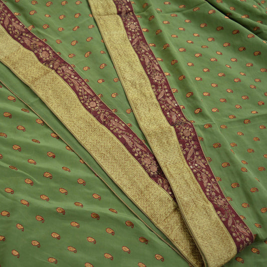 Indian Vintage Green Saree Pure Crepe Silk Hand Embroidered Sari Craft Fabric 6Yd Sewing Soft Zari Wedding/Bridal Sarees