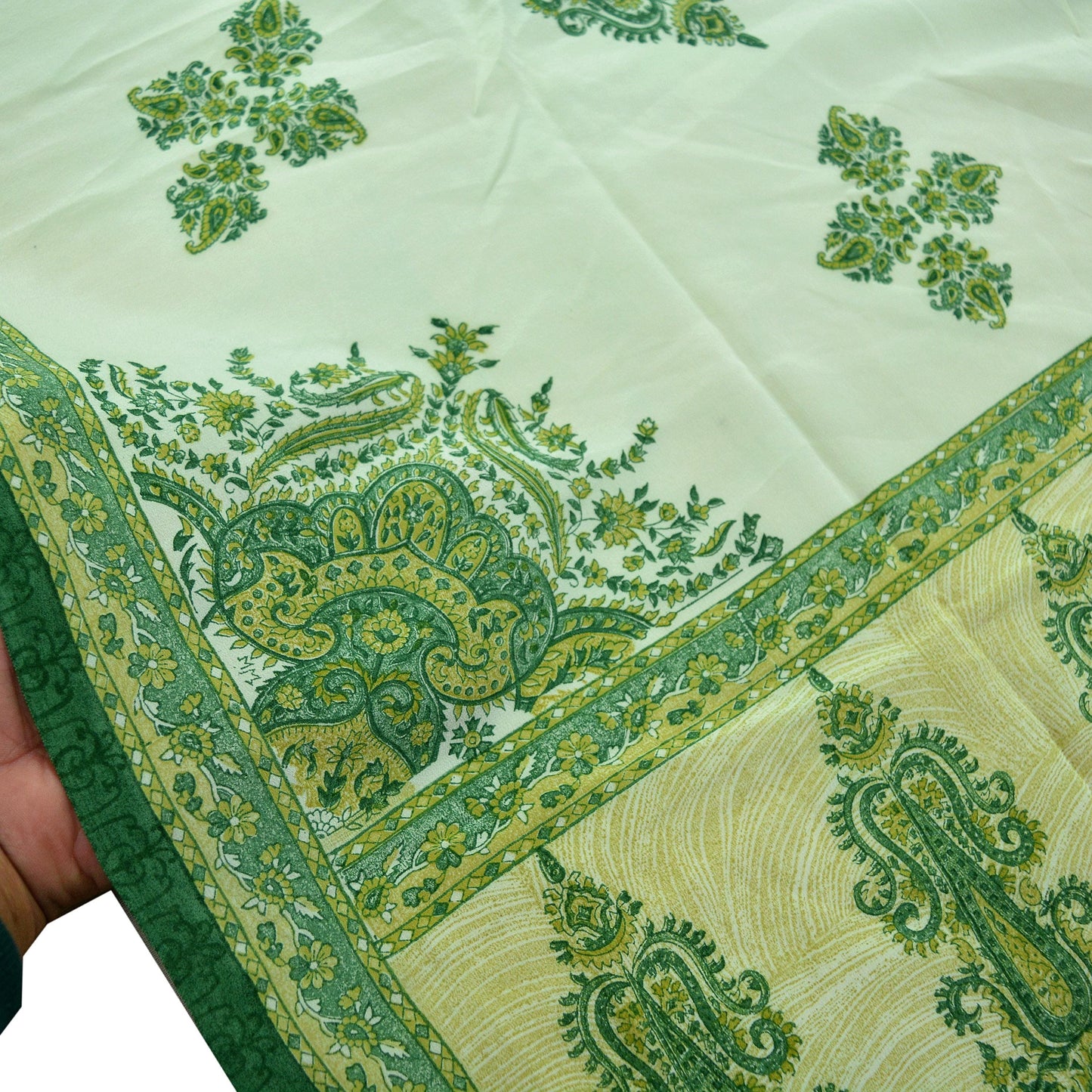 Women Indian Vintage Ivory & Green Dupatta Long Stole Pure Crepe silk Printed Dupatta Veil Scarves soft Boho Wrap Dressmaking Paisley