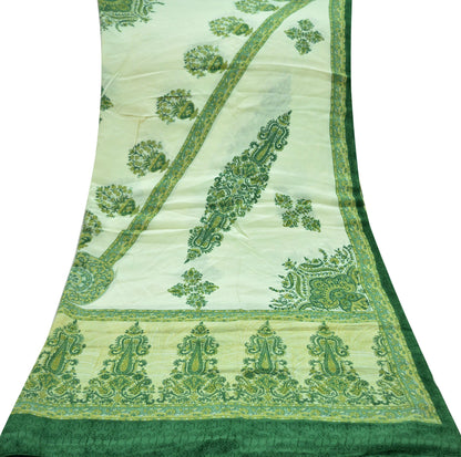 Women Indian Vintage Ivory & Green Dupatta Long Stole Pure Crepe silk Printed Dupatta Veil Scarves soft Boho Wrap Dressmaking Paisley