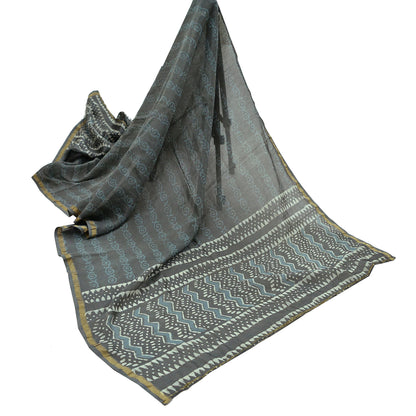 Indian Vintage Dupatta Gray Dupatta Long Stole Block Print Pure Chanderi Silk Scarves Veil Golden Zari