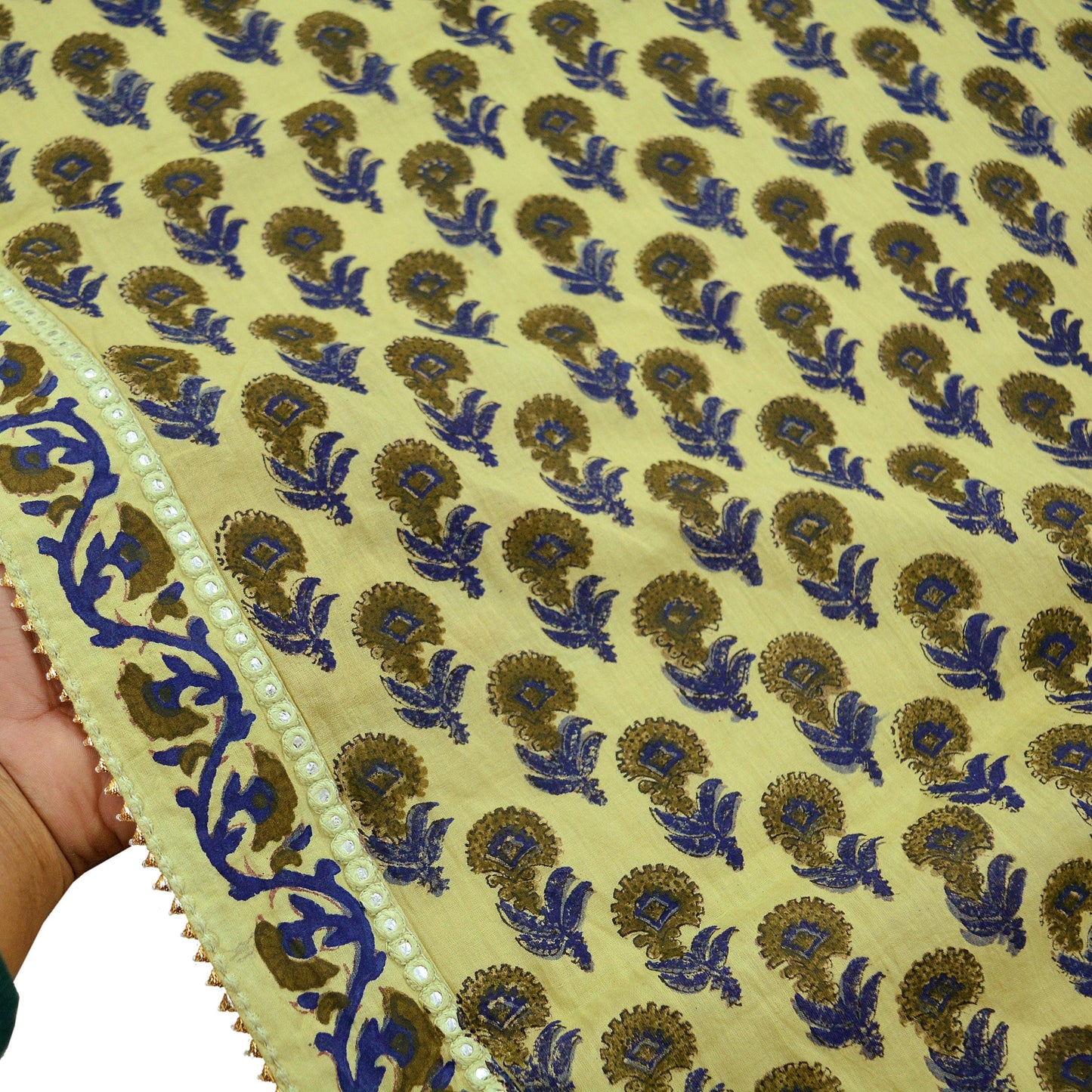 Indian Vintage Dupatta Green Long Stole Block Print 100% Pure Cotton Scarf Veil Soft Floral