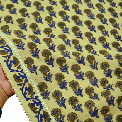 Indian Vintage Dupatta Green Long Stole Block Print 100% Pure Cotton Scarf Veil Soft Floral
