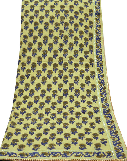 Indian Vintage Dupatta Green Long Stole Block Print 100% Pure Cotton Scarf Veil Soft Floral