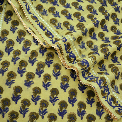 Indian Vintage Dupatta Green Long Stole Block Print 100% Pure Cotton Scarf Veil Soft Floral
