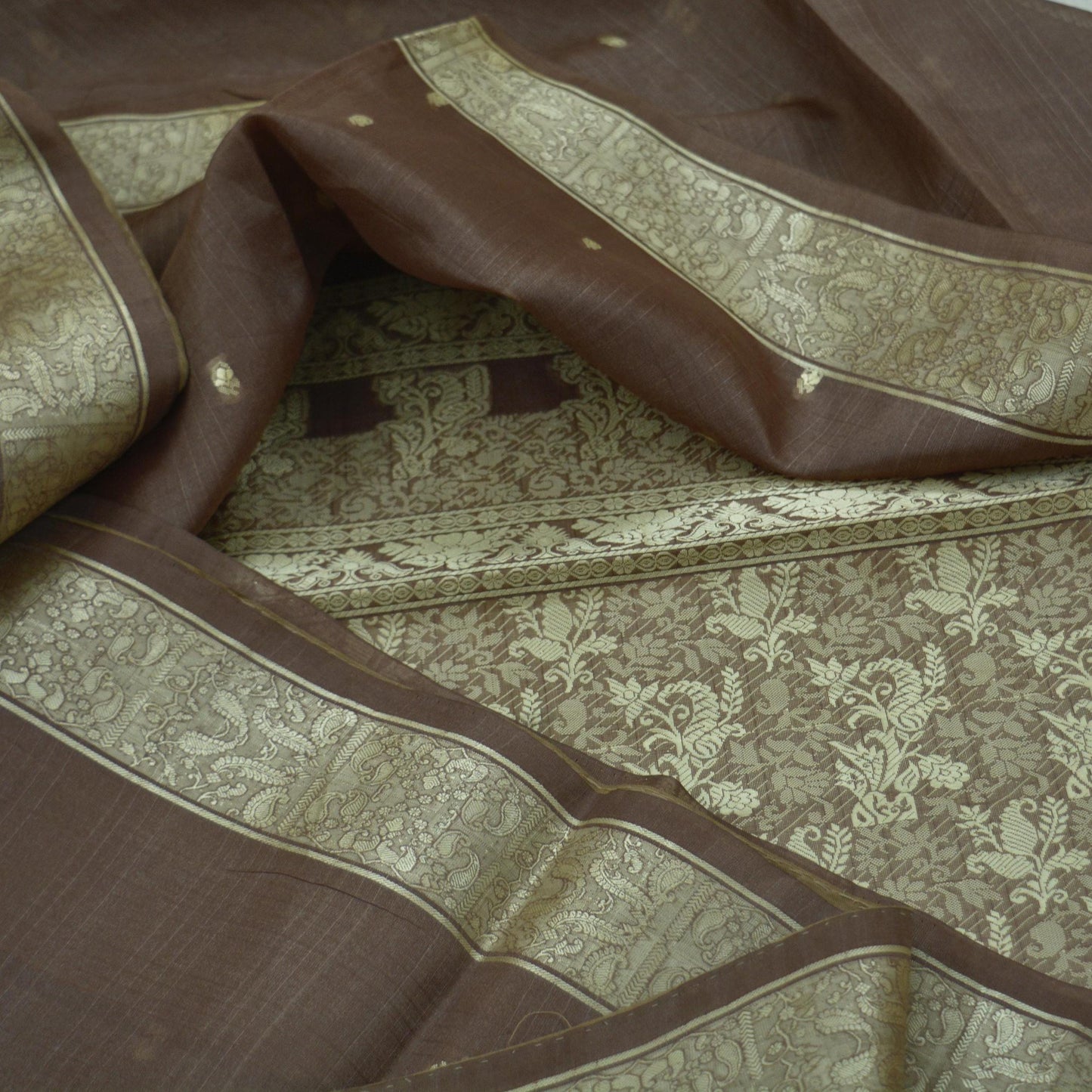 Indian Vintage Saree Brown 100% Pure Silk Hand Woven Sari Craft Fabric 5Yd Ethnic Floral Dress making Crafting Upcycle Quilting Bollywood