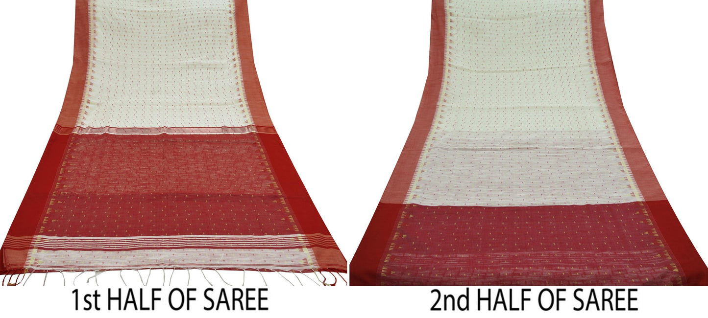 Indian Vintage Sari Red & White Hand Woven sarees Cotton Craft Fabric 5Yd Floral Golden Zari Dress making Crafting Bollywood sari Fringes