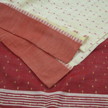 Indian Vintage Sari Red & White Hand Woven sarees Cotton Craft Fabric 5Yd Floral Golden Zari Dress making Crafting Bollywood sari Fringes