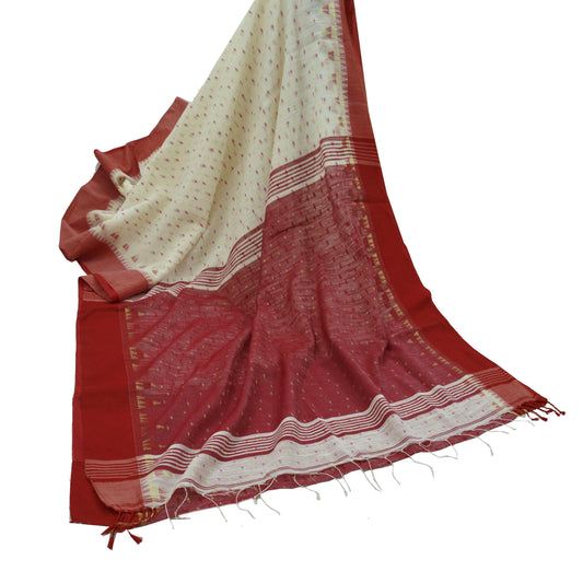 Indian Vintage Sari Red & White Hand Woven sarees Cotton Craft Fabric 5Yd Floral Golden Zari Dress making Crafting Bollywood sari Fringes