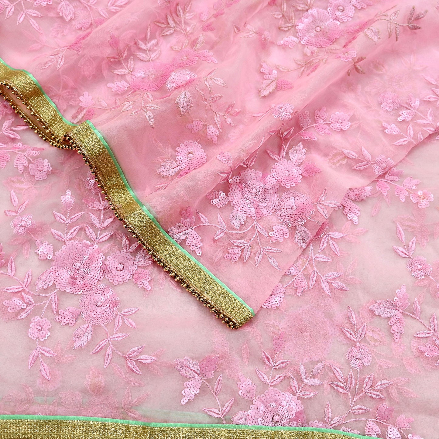 Indian Vintage Dupatta Pink Organza Long Stole Hand Embroidered Scarves Veil Sequins Soft