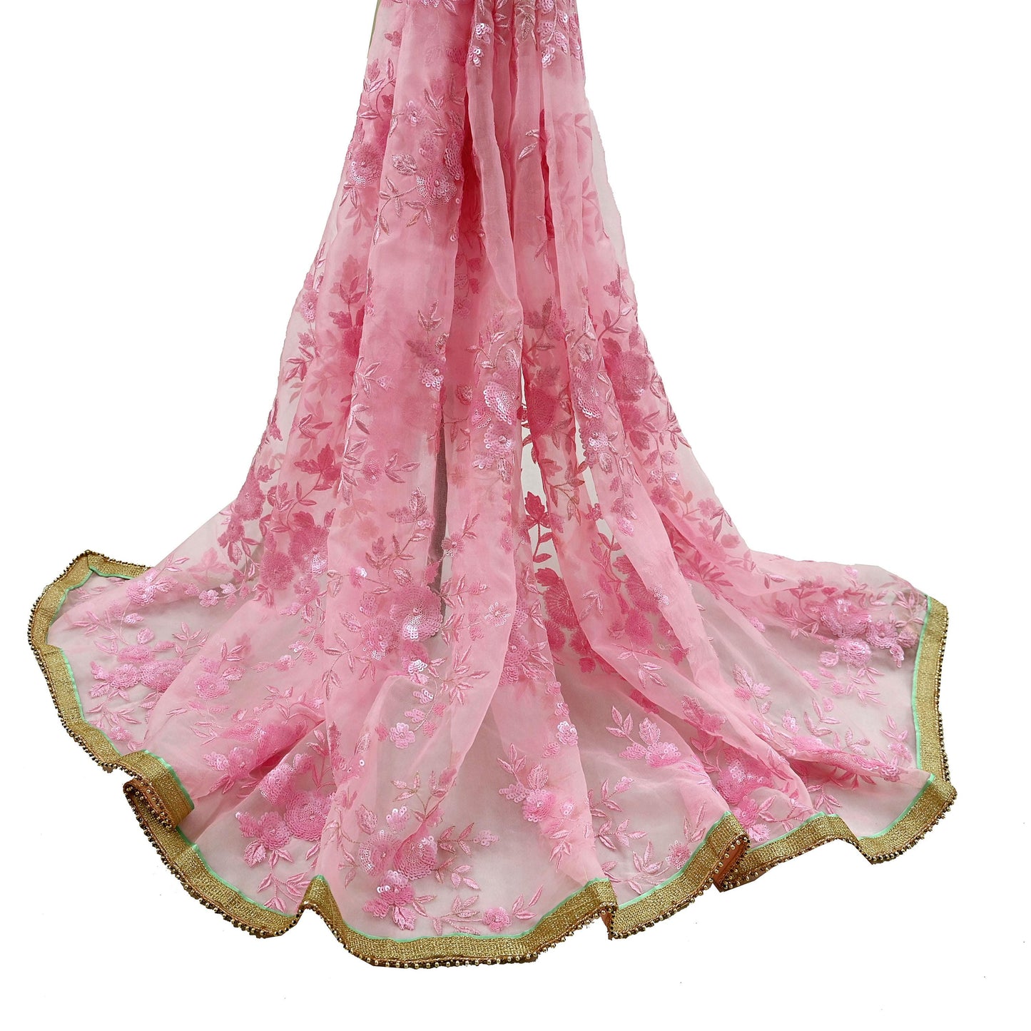 Indian Vintage Dupatta Pink Organza Long Stole Hand Embroidered Scarves Veil Sequins Soft