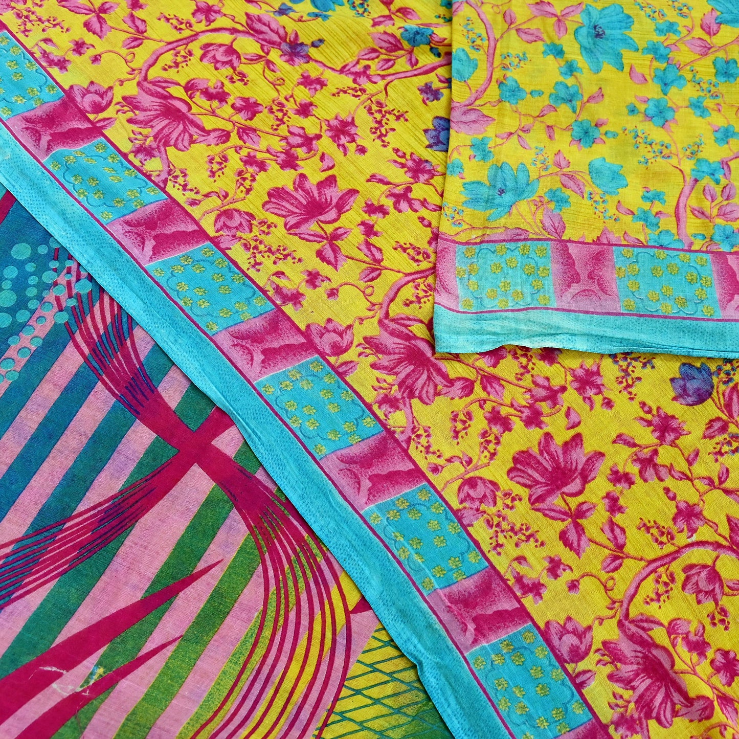Indian Vintage Sari Blue & Yellow Printed 100% Pure Cotton Saree Craft Fabric 5Yd Soft Sewing Sarong Wrap Boho
