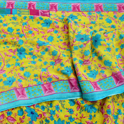 Indian Vintage Sari Blue & Yellow Printed 100% Pure Cotton Saree Craft Fabric 5Yd Soft Sewing Sarong Wrap Boho