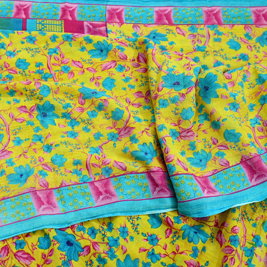 Indian Vintage Sari Blue & Yellow Printed 100% Pure Cotton Saree Craft Fabric 5Yd Soft Sewing Sarong Wrap Boho
