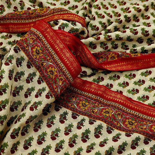 Indian Vintage Sari Ivory & Maroon Printed Pure Cotton Saree Fabric Soft Floral 5Yd Sarong Wrap Boho Fabric Kimono Soft