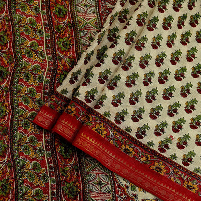 Indian Vintage Sari Ivory & Maroon Printed Pure Cotton Saree Fabric Soft Floral 5Yd Sarong Wrap Boho Fabric Kimono Soft
