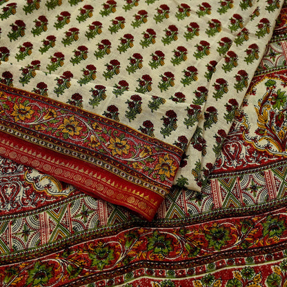 Indian Vintage Sari Ivory & Maroon Printed Pure Cotton Saree Fabric Soft Floral 5Yd Sarong Wrap Boho Fabric Kimono Soft