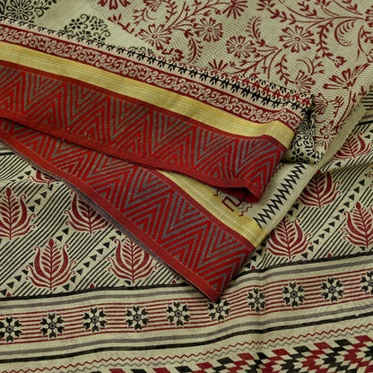 Indian Vintage Beige Saree Blend Cotton Printed Sari Craft Fabric 6Yd Soft Sewing Sarong Wrap Floral Floral Dress Making Crafting Quilting