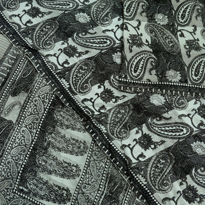 Indian Vintage Black & Gray Saree 100% Pure Silk Printed Sari 5yd Sewing Craft Fabric Dress Making Soft Crafting Quilting Upcycle