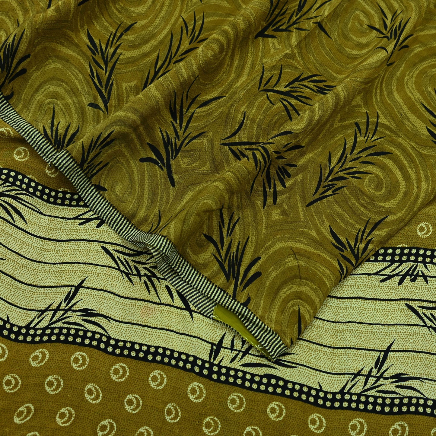 Indian Vintage Sari Green & Black Pure Crepe Silk Printed Sarees 5yd Sewing Floral Soft Craft Fabric Wrap Dress making Crafting Quilting