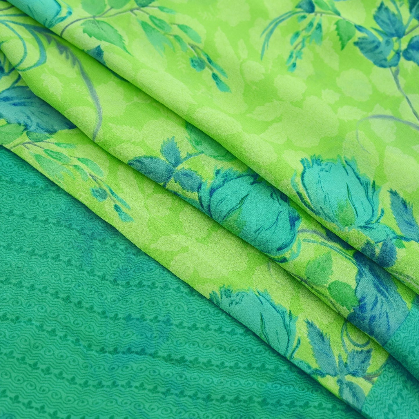 Indian Women Vintage Sari Lemon Green 100% Pure Georgette Silk Printed Sarees Sewing 5yd Soft Craft Fabric Floral Design Wrap Boho