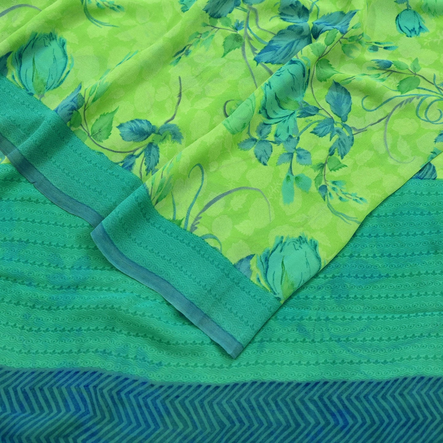 Indian Women Vintage Sari Lemon Green 100% Pure Georgette Silk Printed Sarees Sewing 5yd Soft Craft Fabric Floral Design Wrap Boho