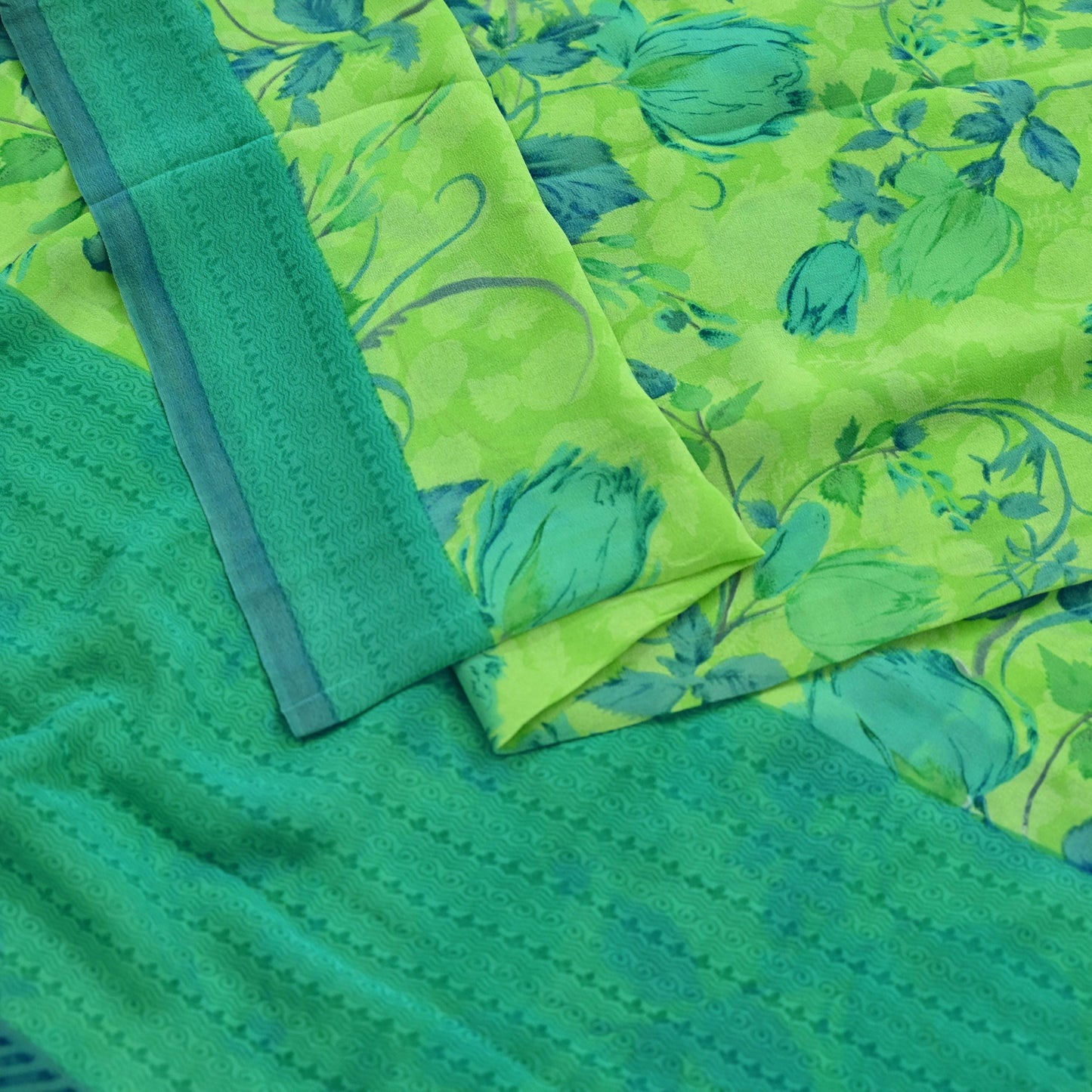 Indian Women Vintage Sari Lemon Green 100% Pure Georgette Silk Printed Sarees Sewing 5yd Soft Craft Fabric Floral Design Wrap Boho