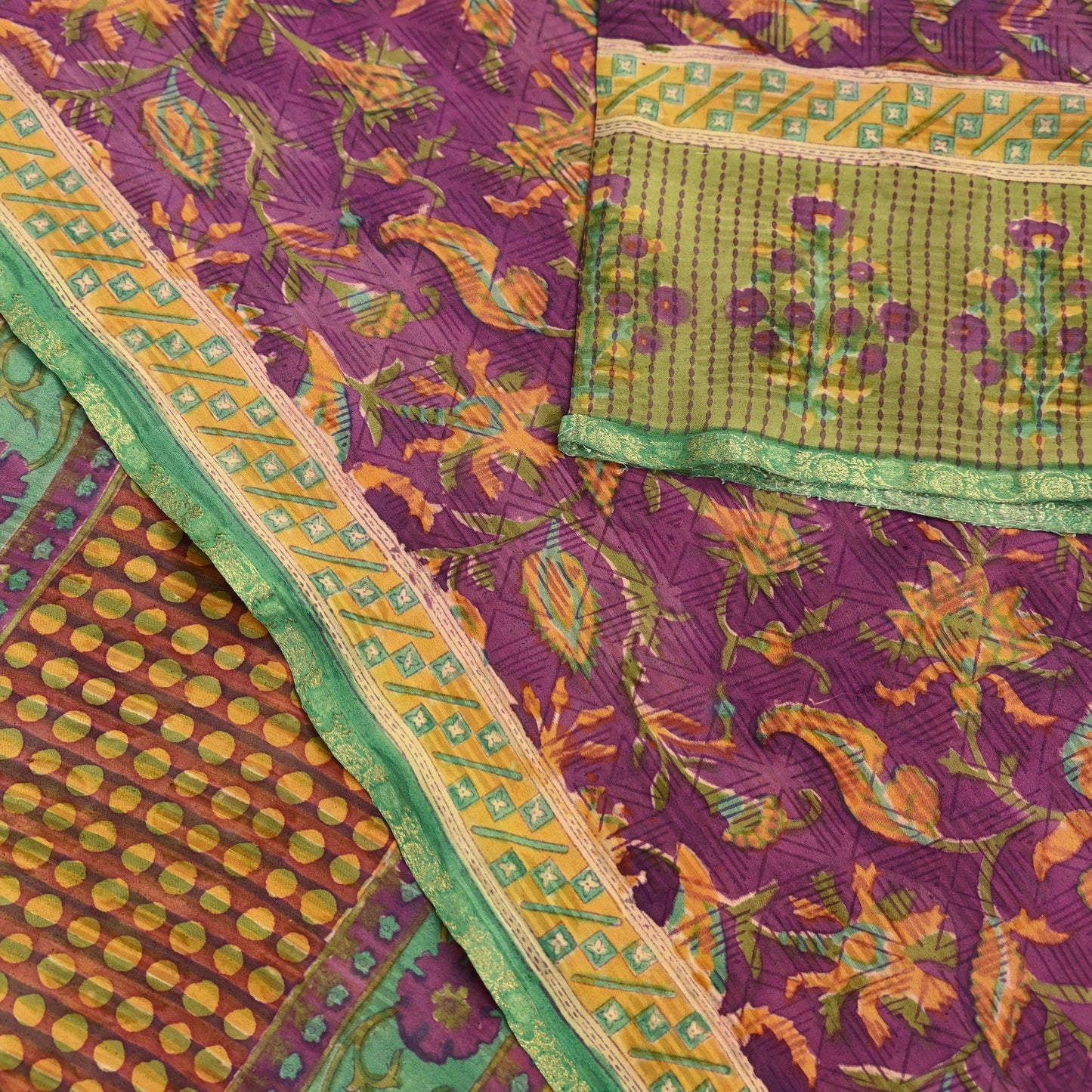 Women Vintage Sari Purple & Green Pure Georgette Silk Printed Sarees Craft Fabric Sewing 5Yd Soft Dress Making Zari Border Crafting Quilting