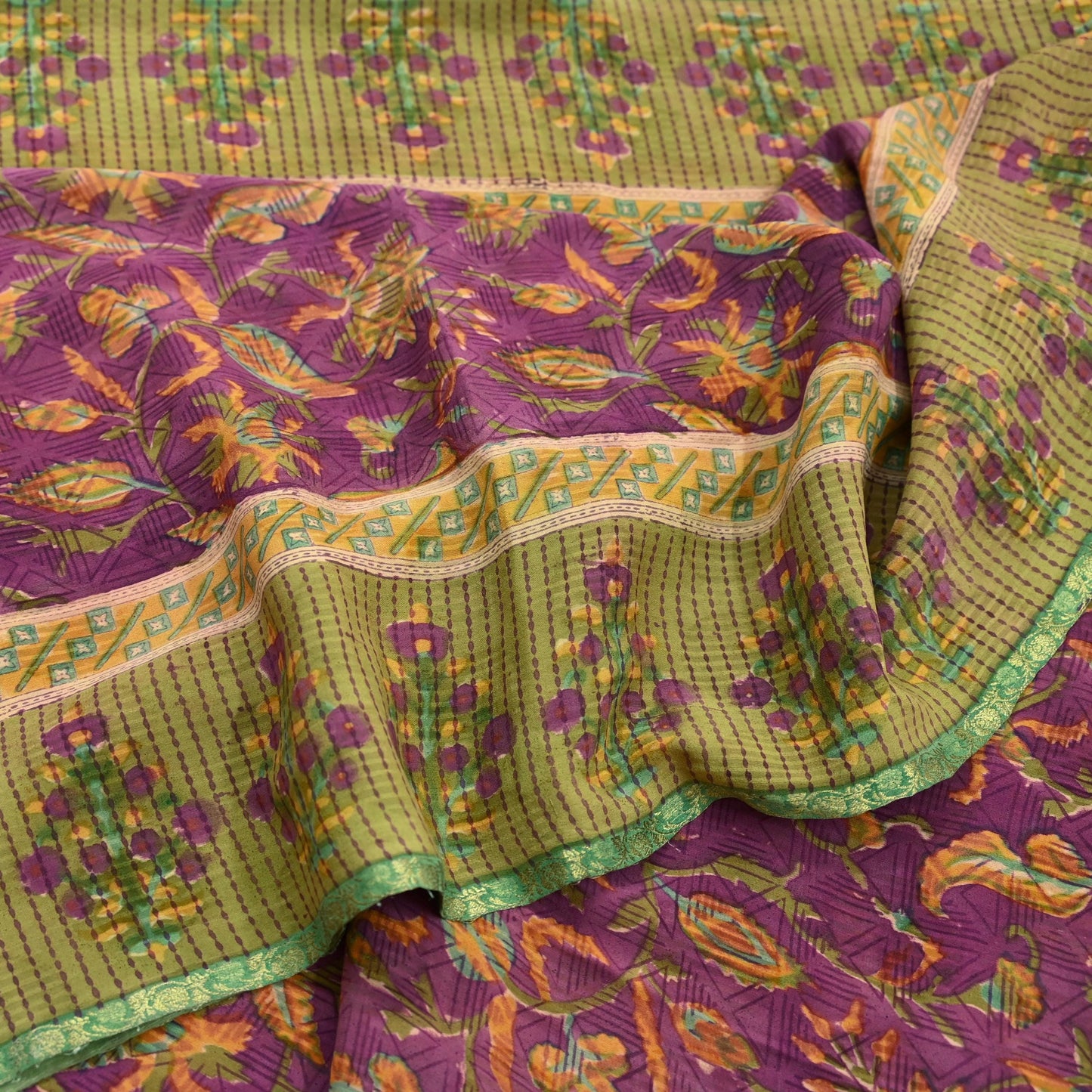 Women Vintage Sari Purple & Green Pure Georgette Silk Printed Sarees Craft Fabric Sewing 5Yd Soft Dress Making Zari Border Crafting Quilting