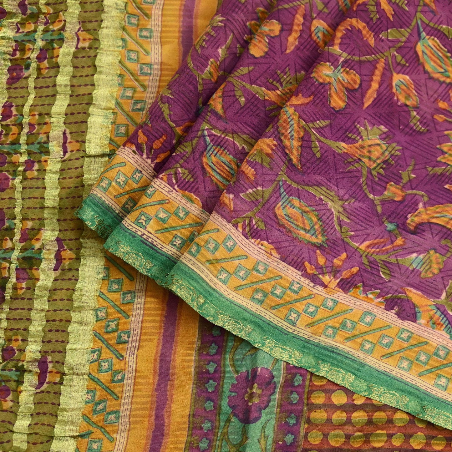 Women Vintage Sari Purple & Green Pure Georgette Silk Printed Sarees Craft Fabric Sewing 5Yd Soft Dress Making Zari Border Crafting Quilting